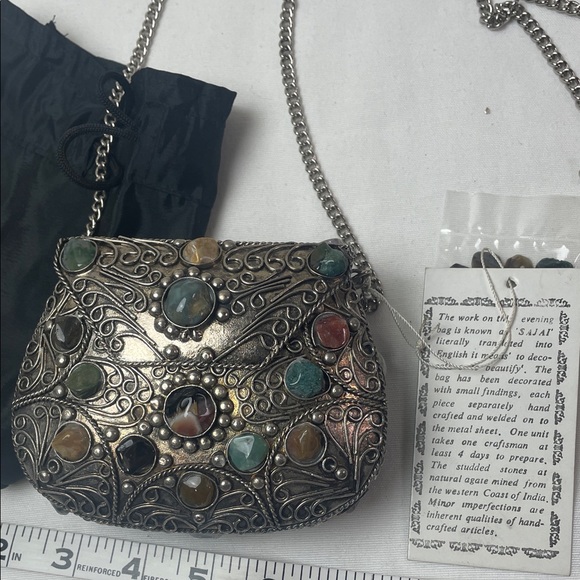 Vintage Metal Purse Sajai With Natural Agate Stones Long Chain mini bag - Picture 5 of 16